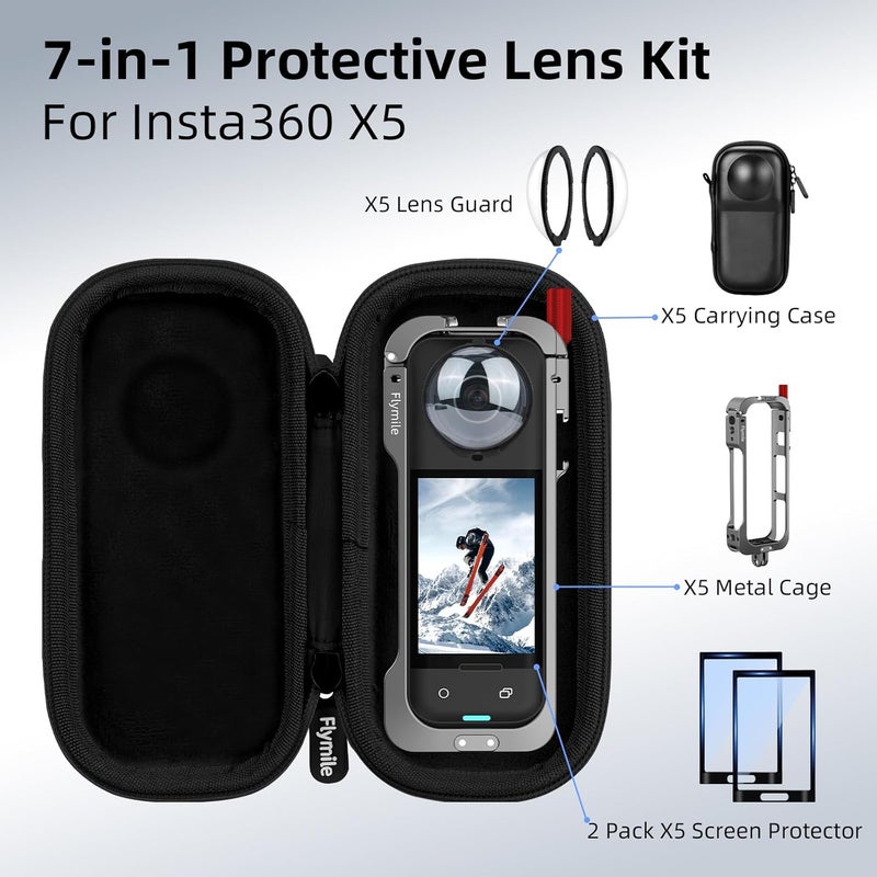 Flymile Insta 360 X5 Utility Cage/Carrying Case (Frame + Lens Cap) Lens Guard/2 Pack Screen Protector Accessories Kit, Tempered Film Glass Metal Cover Portable Bag for Insta360 X5 Protective Bundle - Image 2